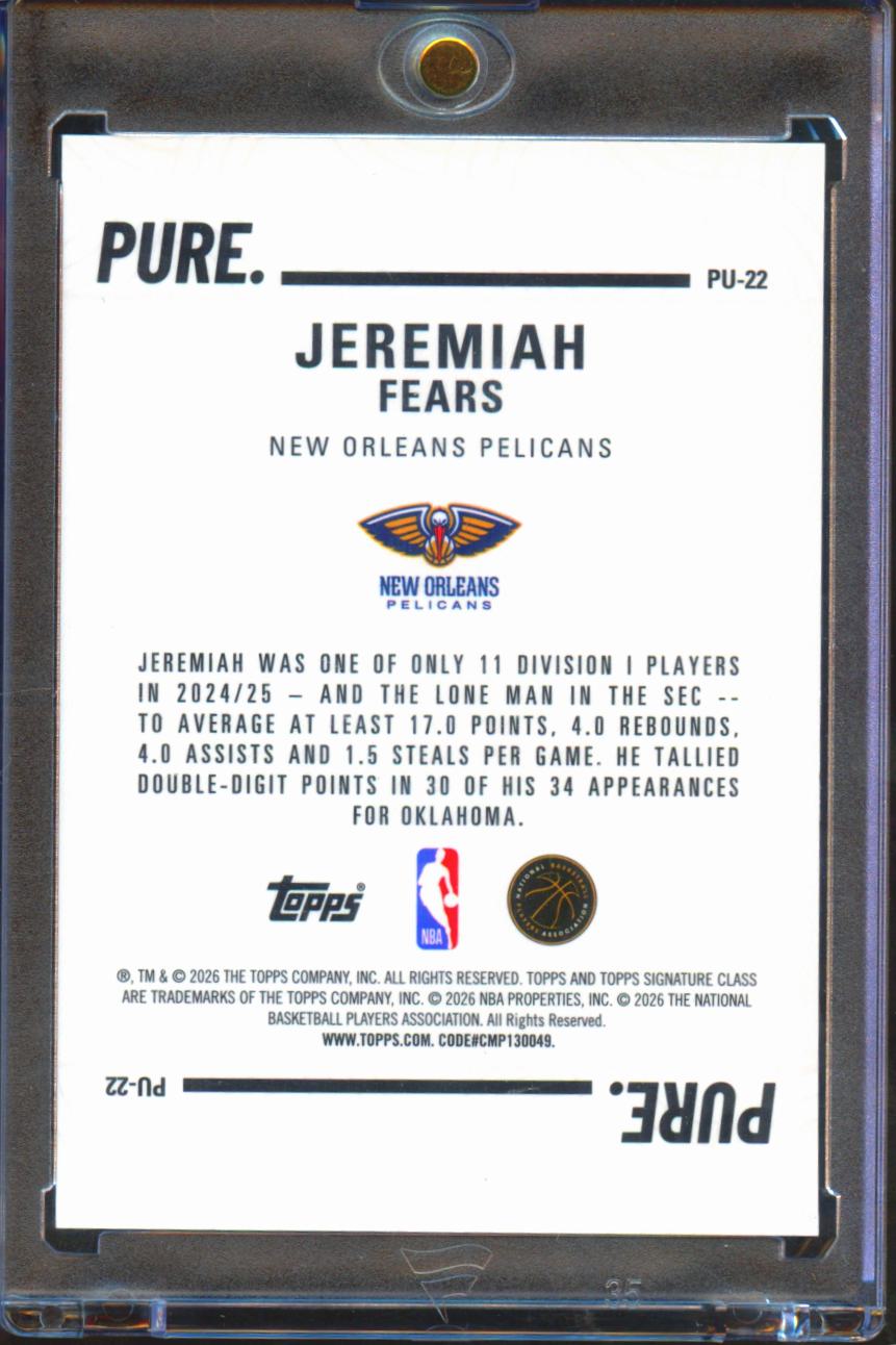Jeremiah Fears 2026 Topps Pure Orange Rookie RC 14/50 New Orleans Pelicans