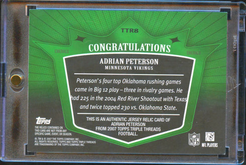 Adrian Peterson 2007 Topps Triple Threads Jersey Patch RC Rookie 7/18 Vikings
