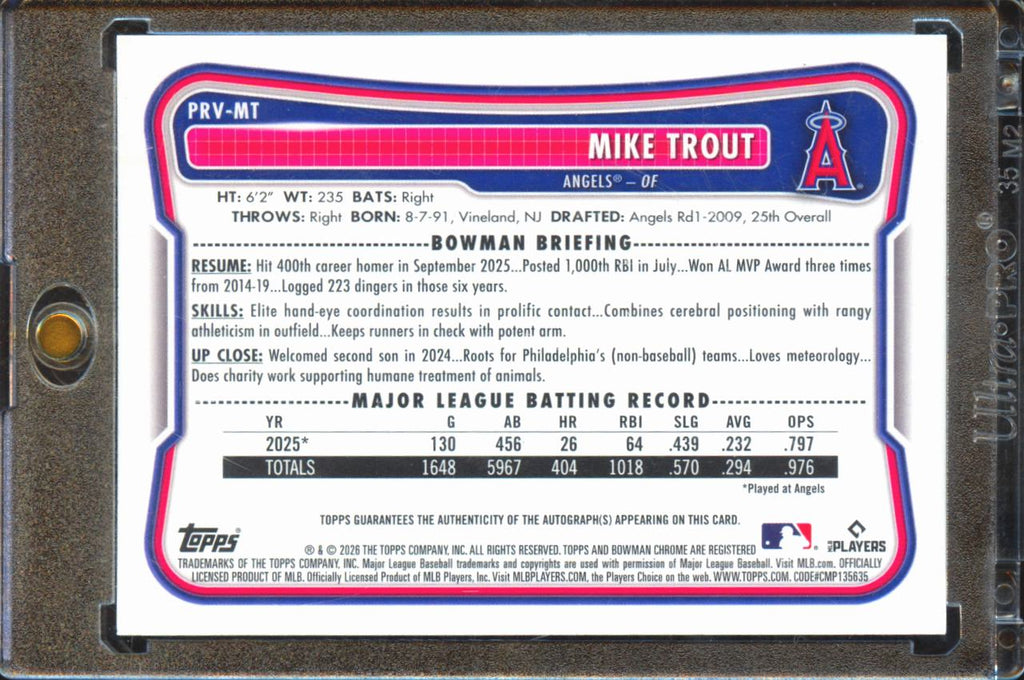 Mike Trout 2026 Bowman Orange Auto Autograph 7/25 Los Angeles Angels