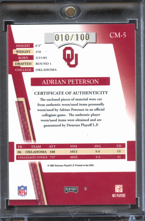 Adrian Peterson 2007 Absolute Game Worn Jersey Patch 10/100 Oklahoma Sooners