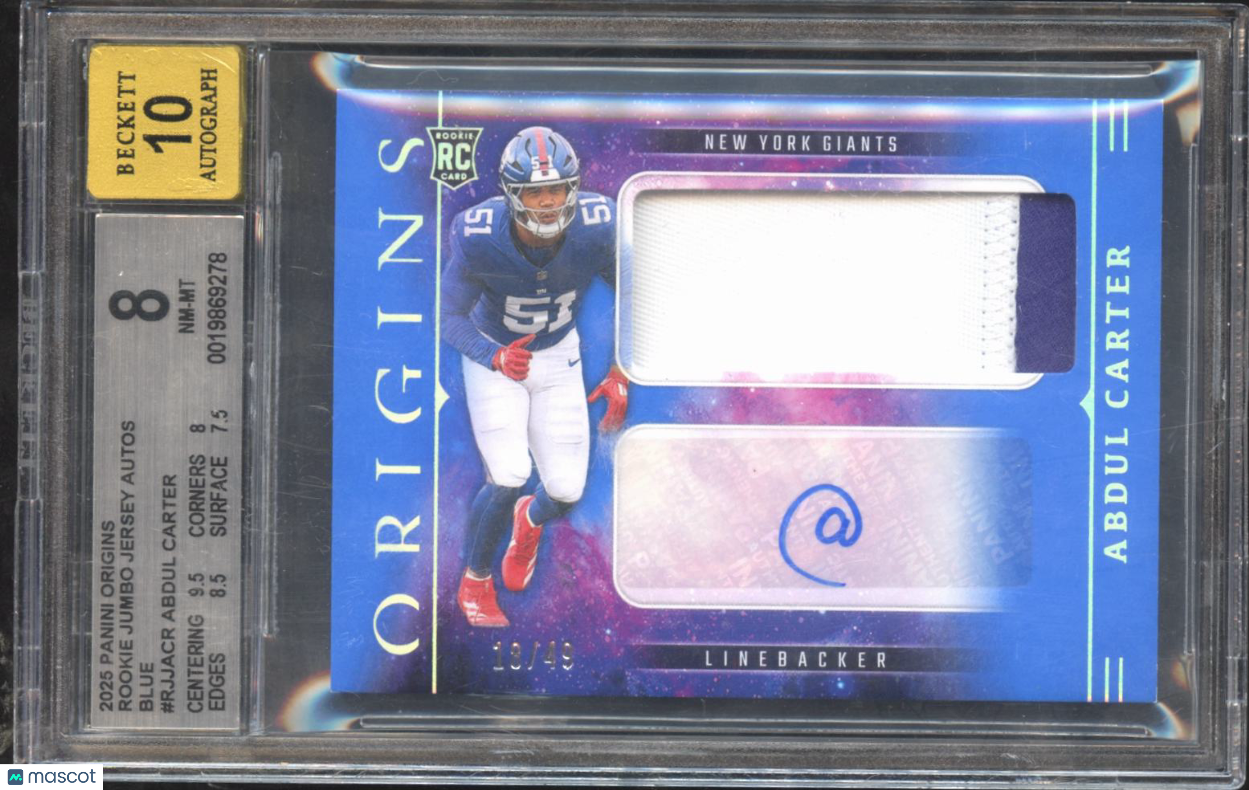Abdul Carter 2025 Origins Auto Autograph Patch RC NY Giants 18/49 BGS 8 Auto 10