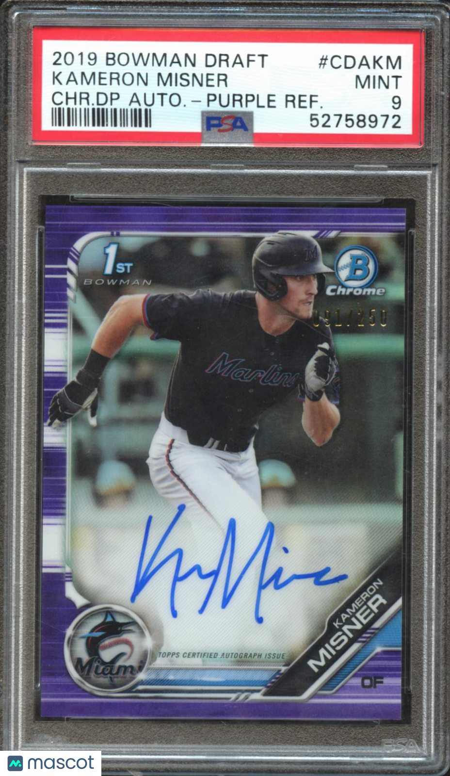 Kameron Misner 2019 Bowman Chrome 1st Auto Autograph RC Marlins /250 PSA 9
