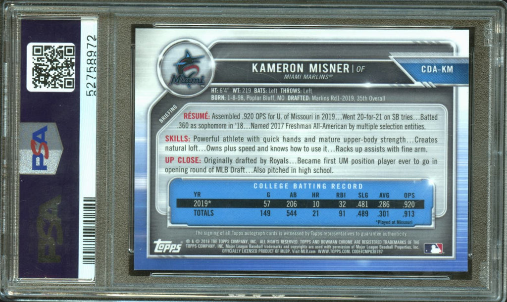 Kameron Misner 2019 Bowman Chrome 1st Auto Autograph RC Marlins /250 PSA 9