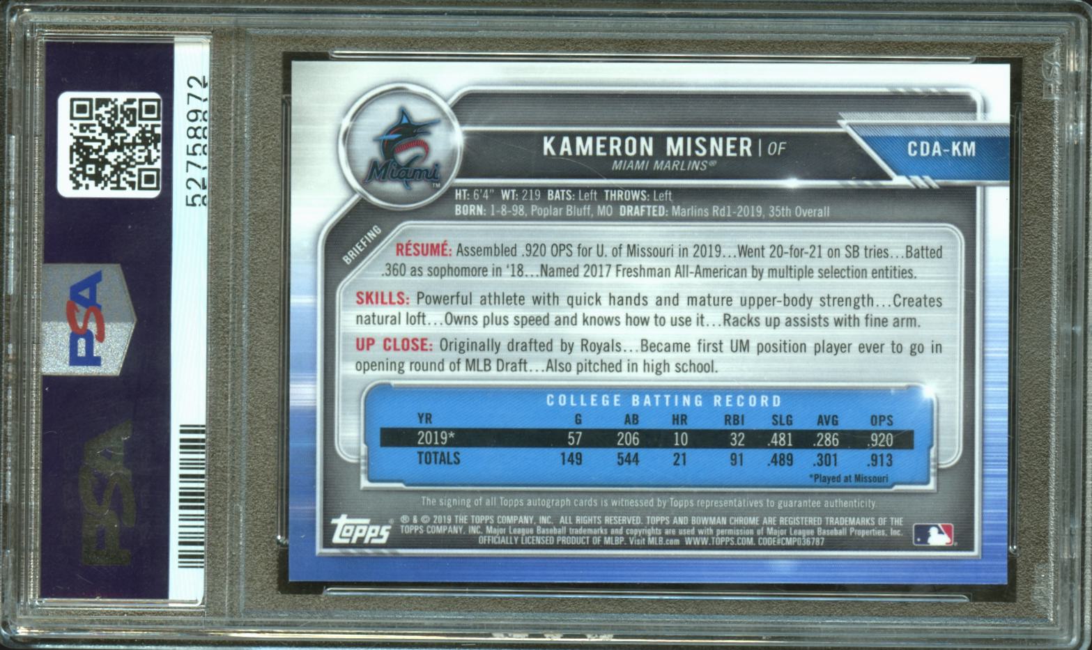 Kameron Misner 2019 Bowman Chrome 1st Auto Autograph RC Marlins /250 PSA 9