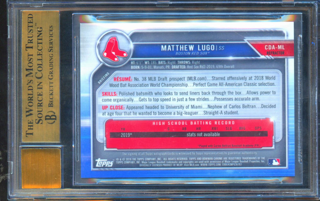 Matthew Lugo 2019 Bowman Chrome 1st Auto Autograph RC Red Sox /499 BGS 9.5