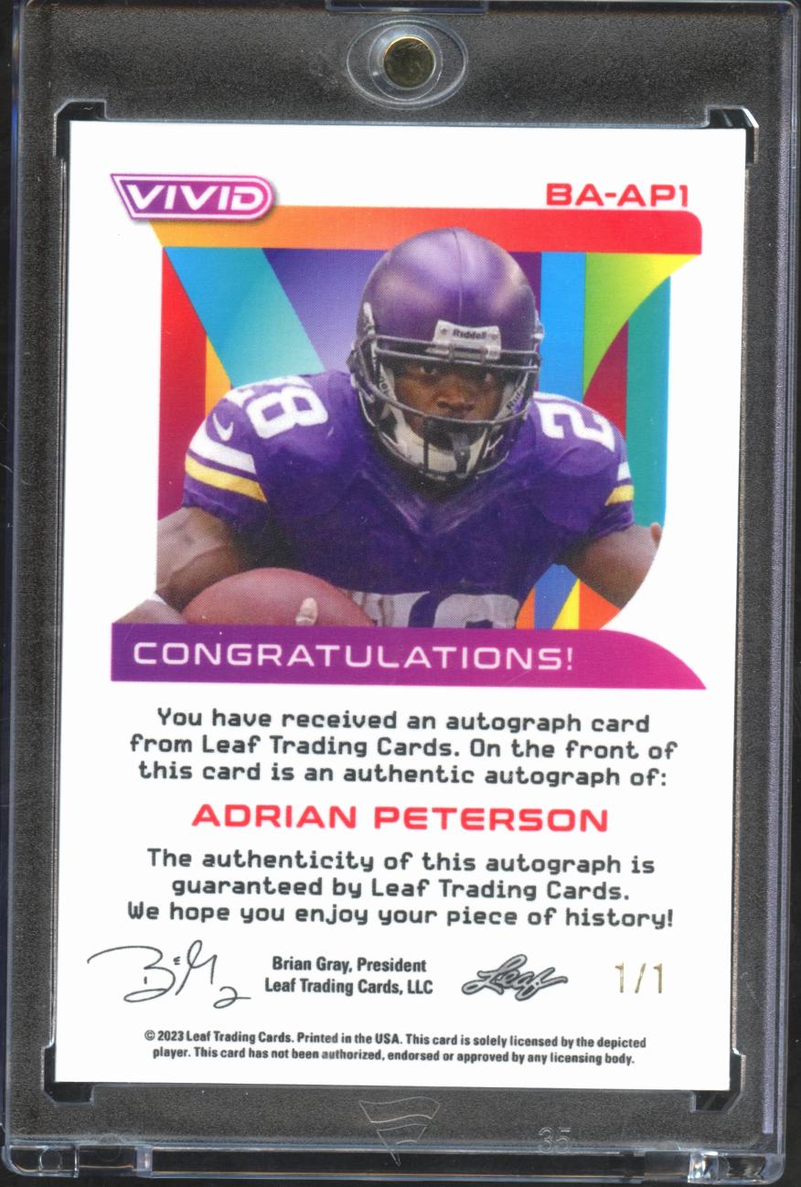 Adrian Peterson 2023 Leaf Vivid Auto Autograph Platinum 1/1 Minnesota Vikings