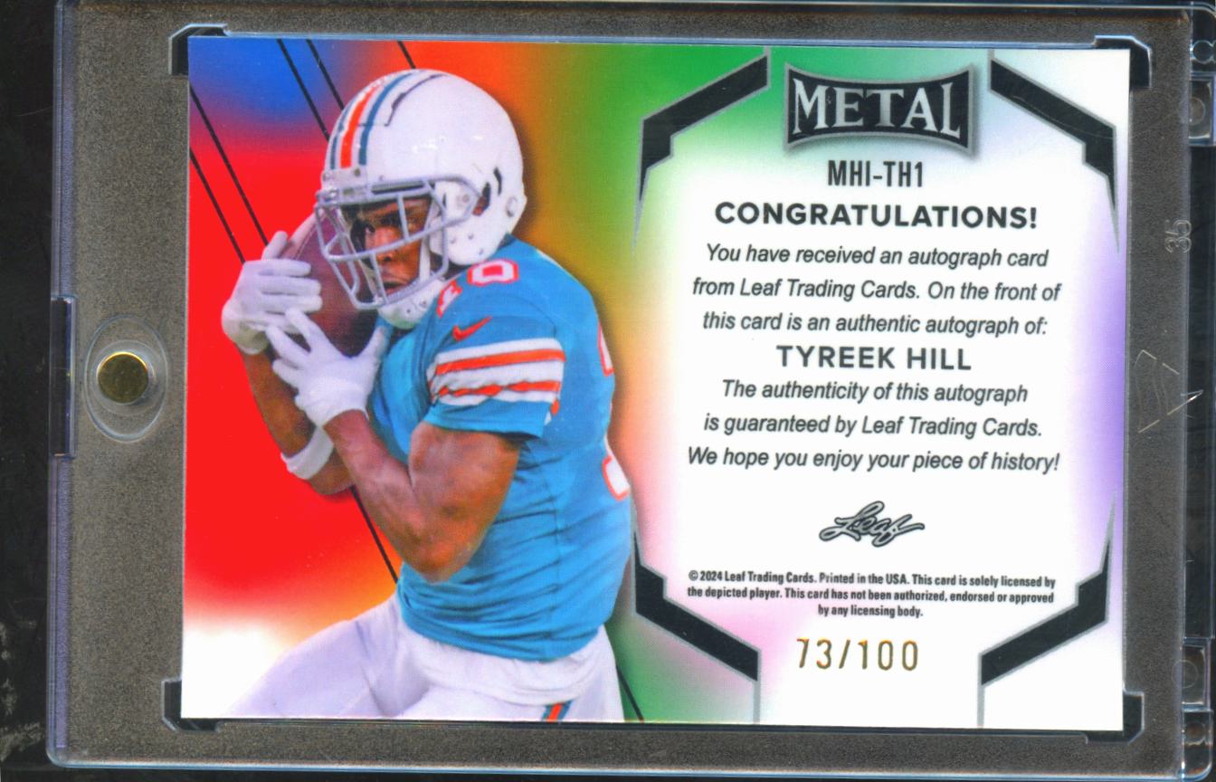 Tyreek Hill 2024 Leaf Metal Inscriptions Auto Autograph 73/100 Miami Dolphins