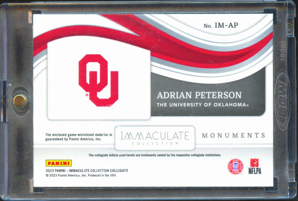 Adrian Peterson 2023 Immaculate Game Worn Jersey Patch 62/75 Oklahoma Sooners