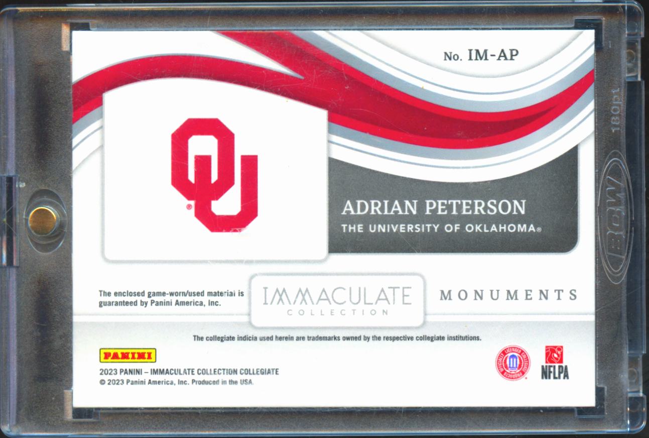 Adrian Peterson 2023 Immaculate Game Worn Jersey Patch 62/75 Oklahoma Sooners
