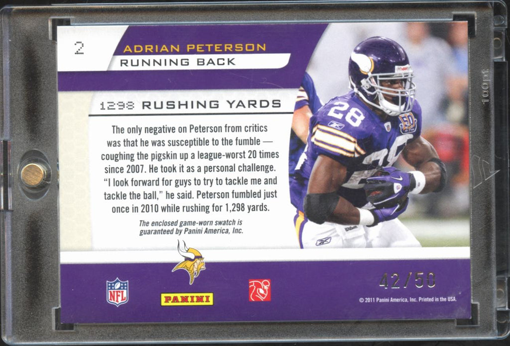 Adrian Peterson 2011 Prestige 3 Color Game Worn Patch 42/50 Minnesota Vikings