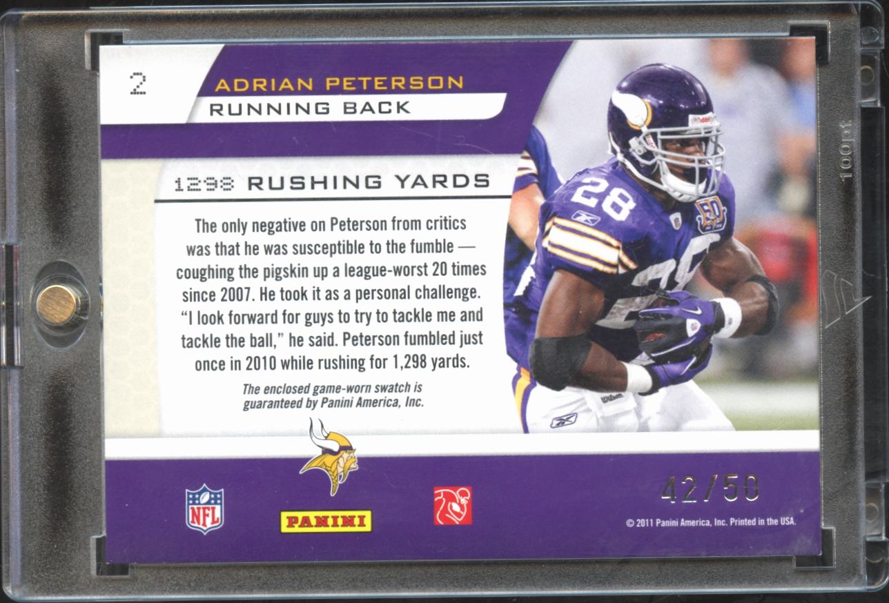 Adrian Peterson 2011 Prestige 3 Color Game Worn Patch 42/50 Minnesota Vikings