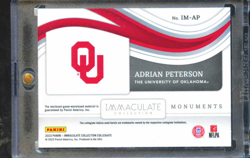 Adrian Peterson 2023 Immaculate Game Worn Patch Emerald 3/5 Oklahoma Sooners