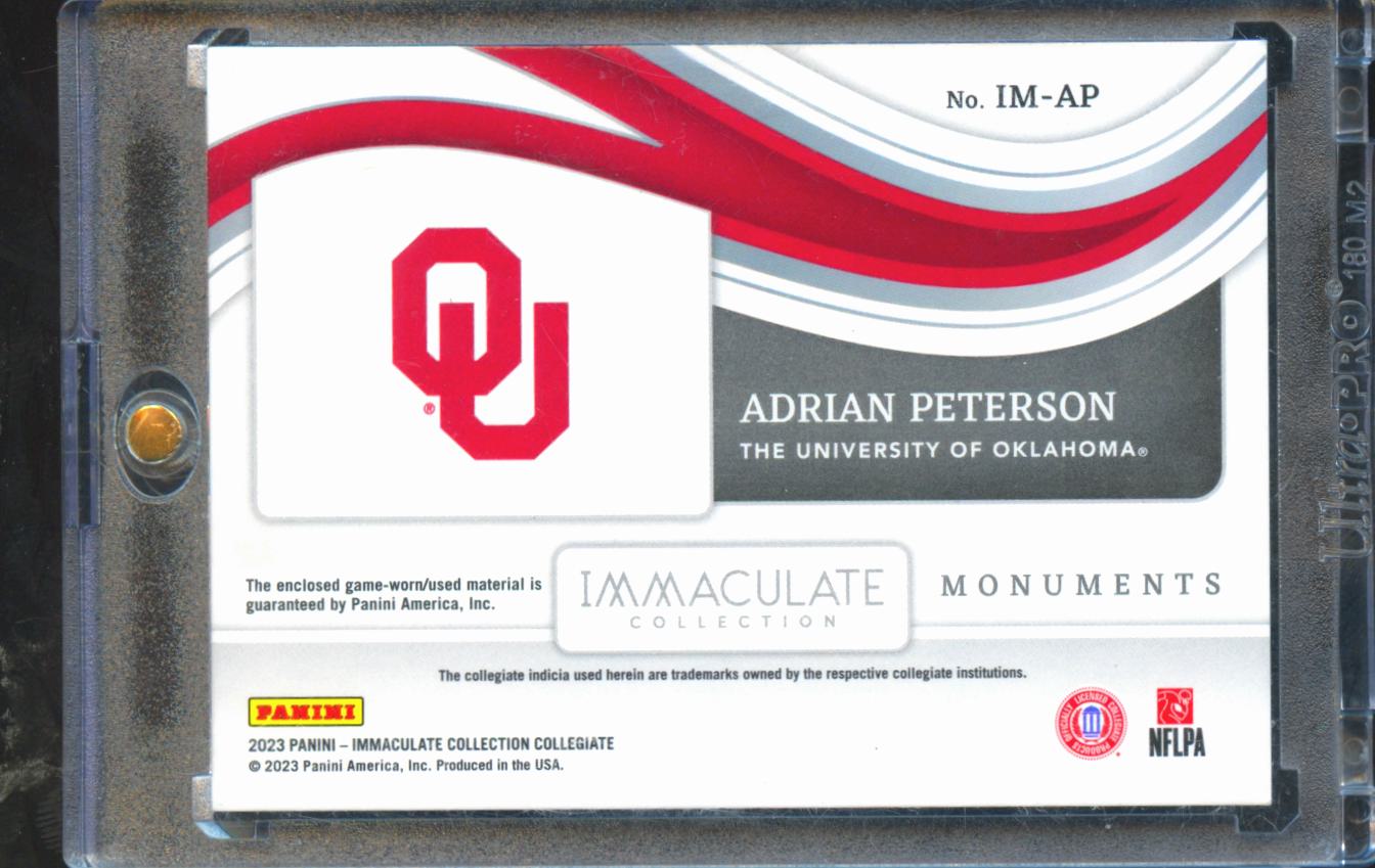 Adrian Peterson 2023 Immaculate Game Worn Patch Emerald 3/5 Oklahoma Sooners