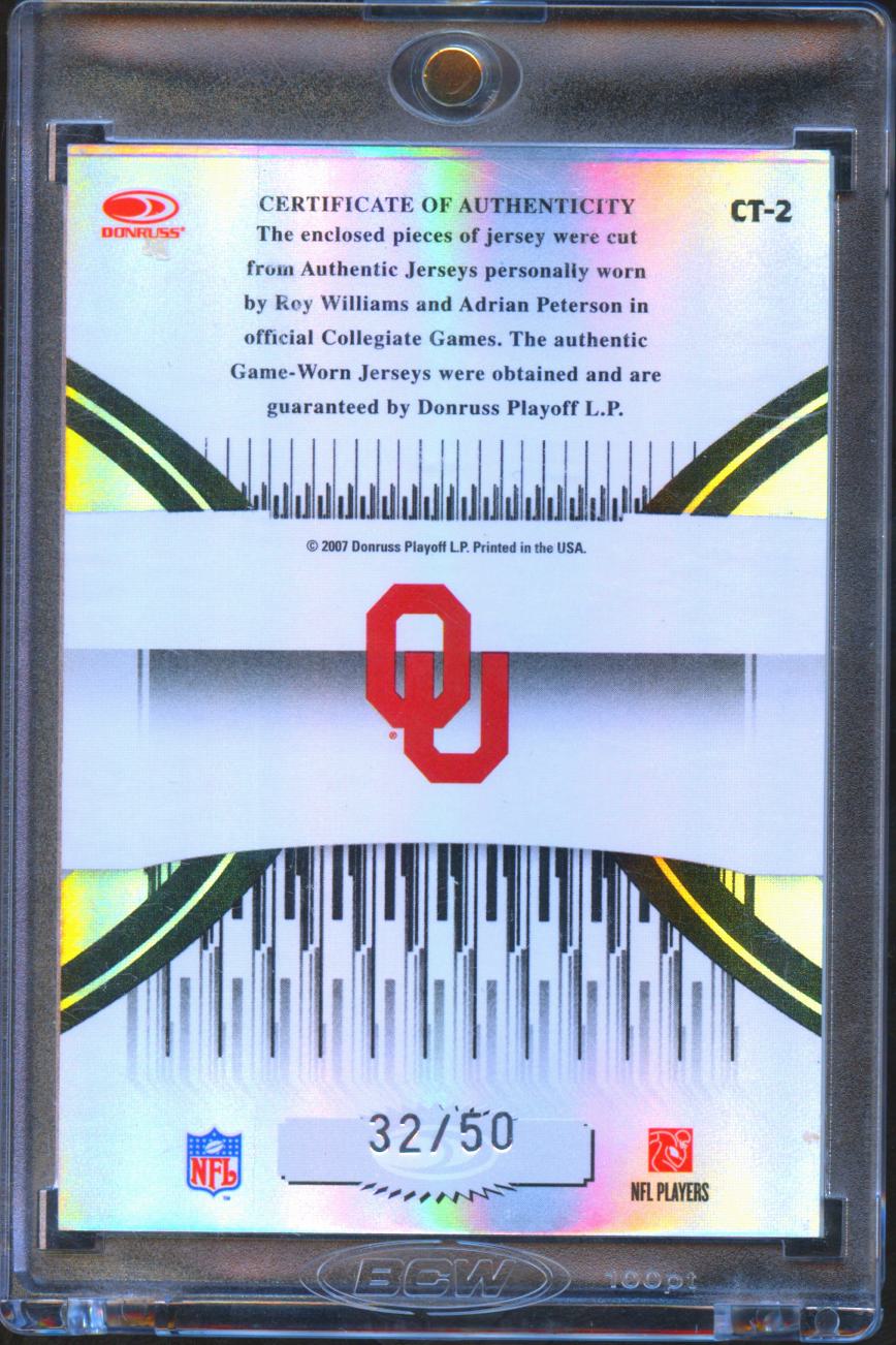 Roy Williams / Adrian Peterson 2007 Elite College Game Worn Patch 32/50 Sooners