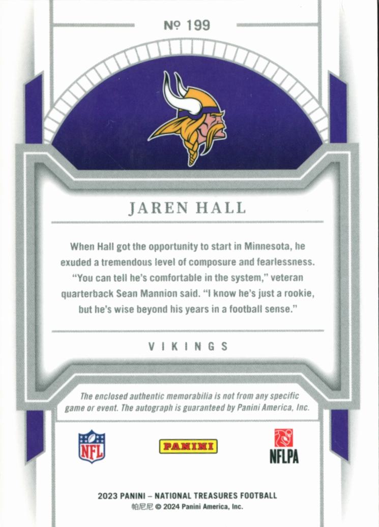 Jaren Hall 2024 National Treasures Auto Autograph Patch RC /99 Minnesota Vikings