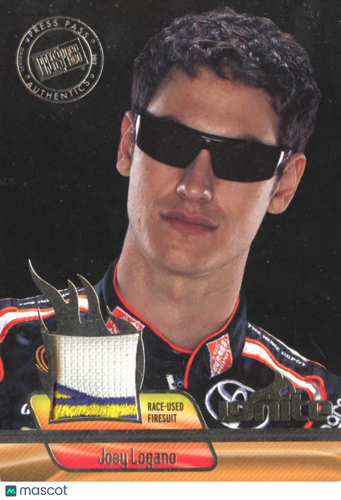 Joey Logano 2012 Press Pass Ignite Race-Used Firesuit LOGO Patch Joe Gibbs