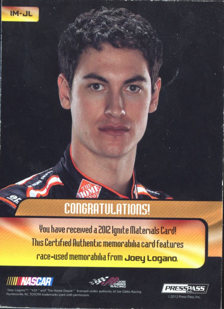Joey Logano 2012 Press Pass Ignite Race-Used Firesuit LOGO Patch Joe Gibbs