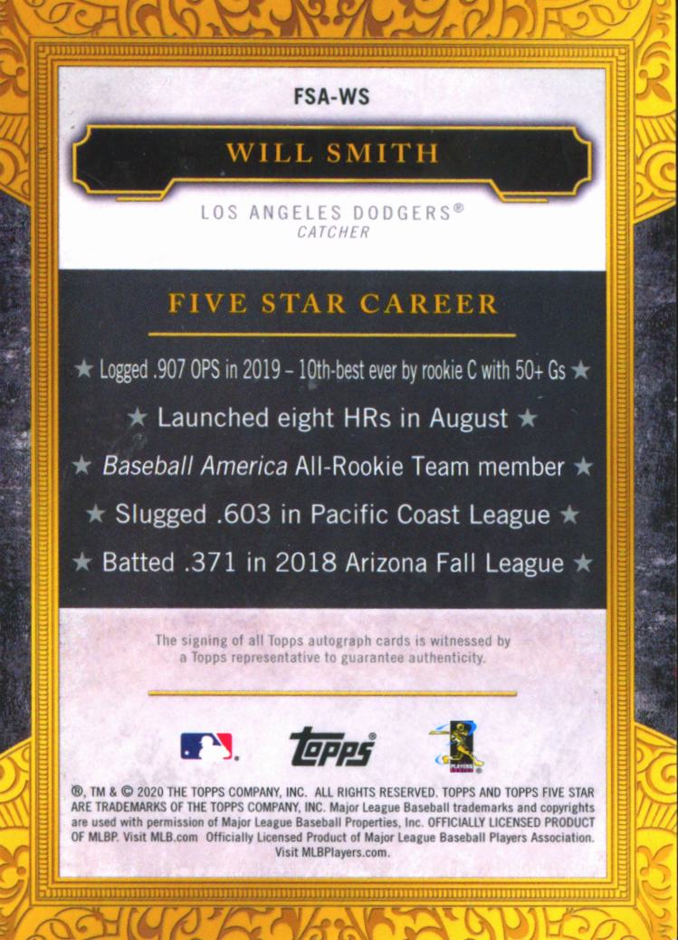 Will Smith 2020 Topps Five Star Auto Autograph Los Angeles Dodgers