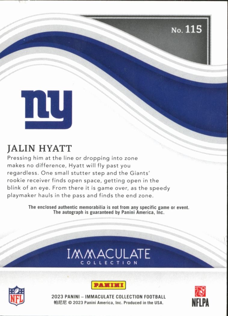 Jalin Hyatt 2023 Immaculate Auto Autograph Patch RC 21/99 New York Giants