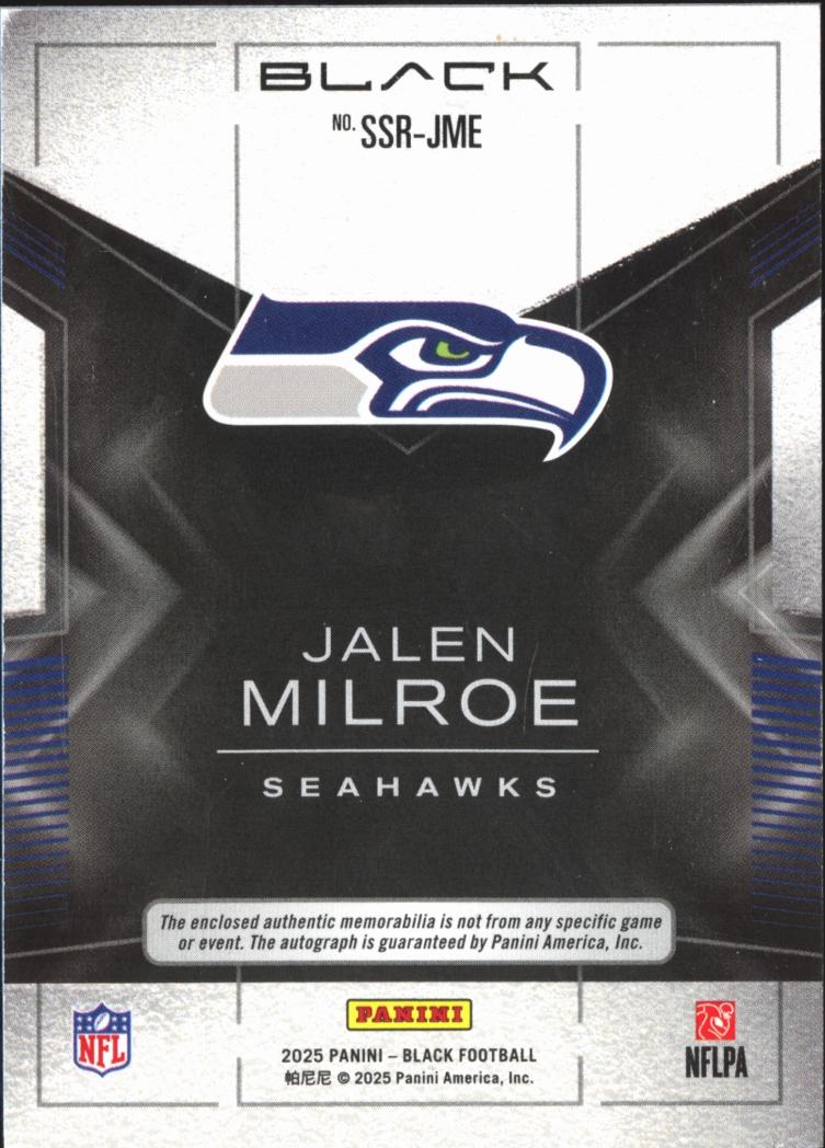 Jalen Milroe 2025 Black Auto Autograph Patch RC 80/99 Seattle Seahawks