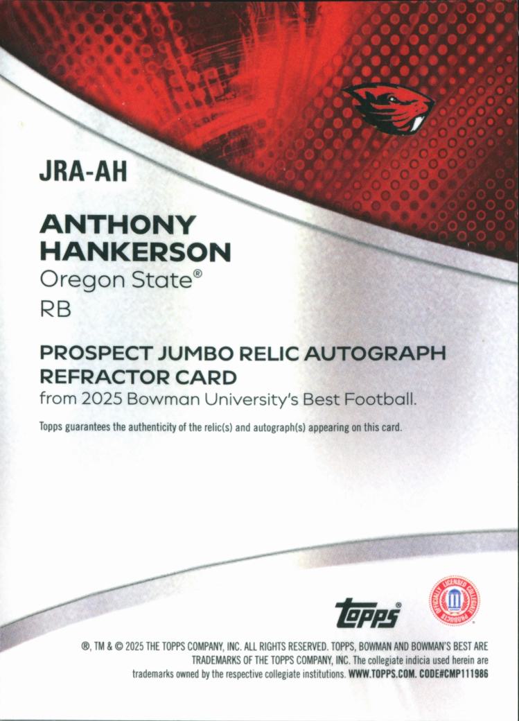Anthony Hankerson 2025 Bowman's Best Autograph Game Worn Patch Oregon State /25