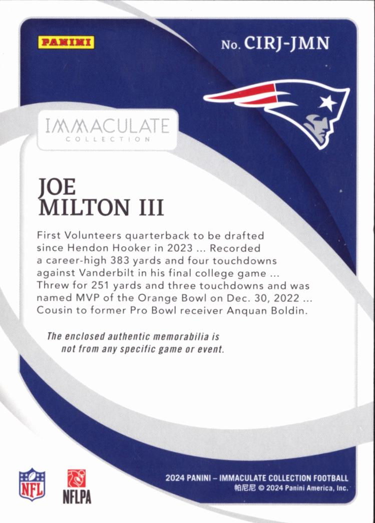 Joe Milton III 2024 Immaculate Clearly Jersey Patch RC 15/99 Cowboys Patriots
