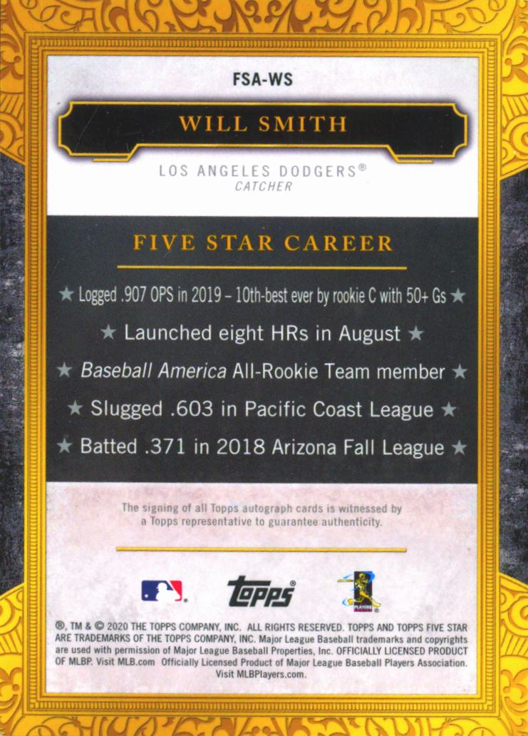 Will Smith 2020 Topps Five Star Auto Autograph Los Angeles Dodgers