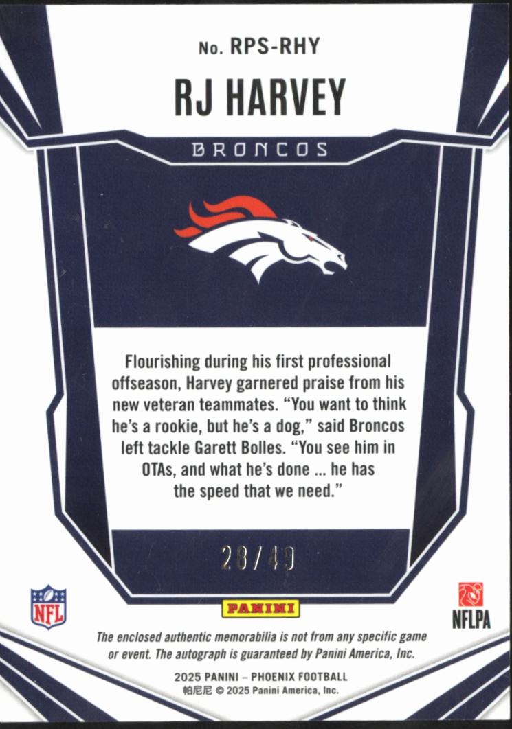 RJ Harvey 2025 Phoenix Auto Autograph Patch RC 28/49 Denver Broncos