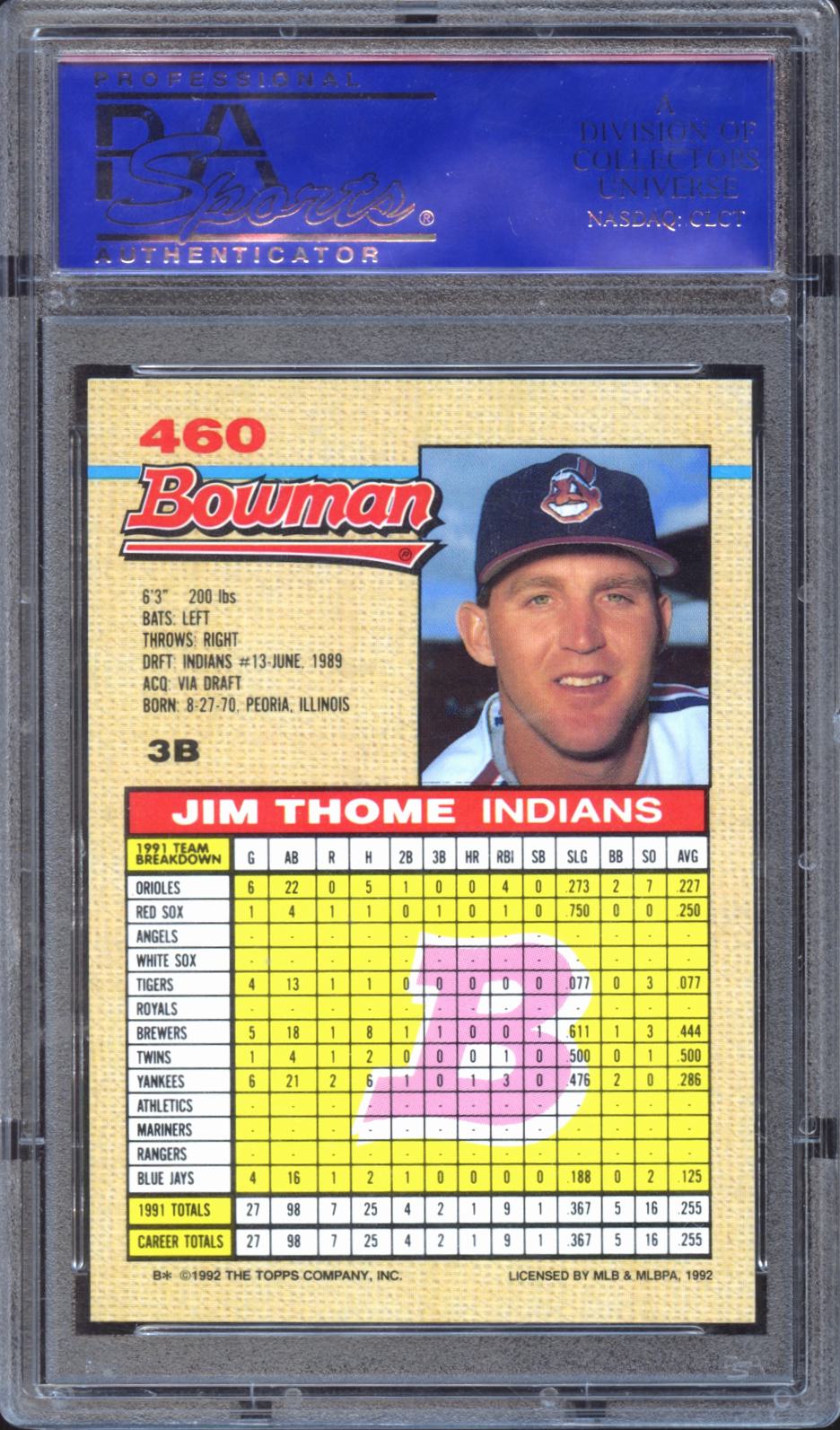 Jim Thome 1992 Bowman Rookie RC Cleveland Indians #460 PSA 10