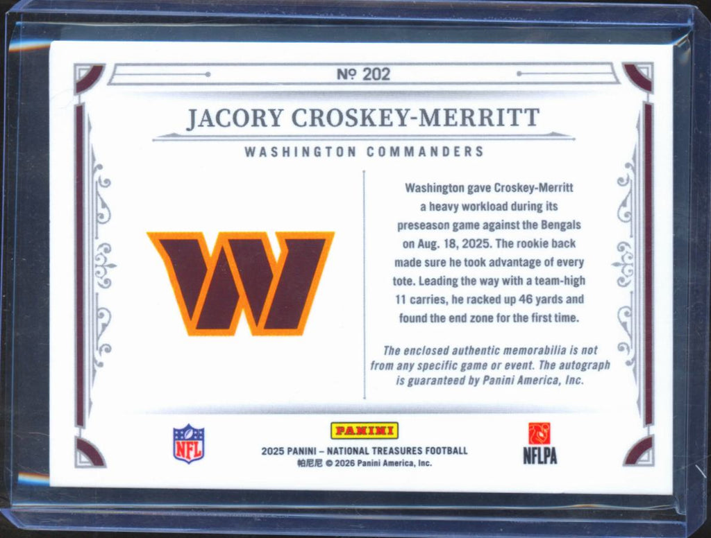 Jacory Croskey-Merritt 2025 National Treasures Autograph RC Patch /99 Commanders