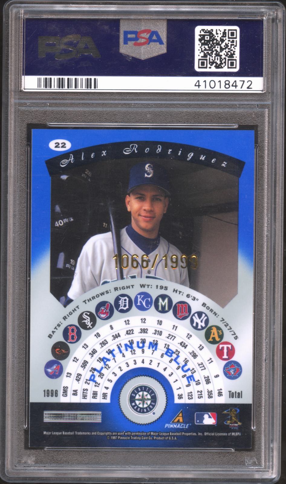 Alex Rodriguez 1997 Totally Certified Platinum Blue Mariners 1066/1999 PSA 10