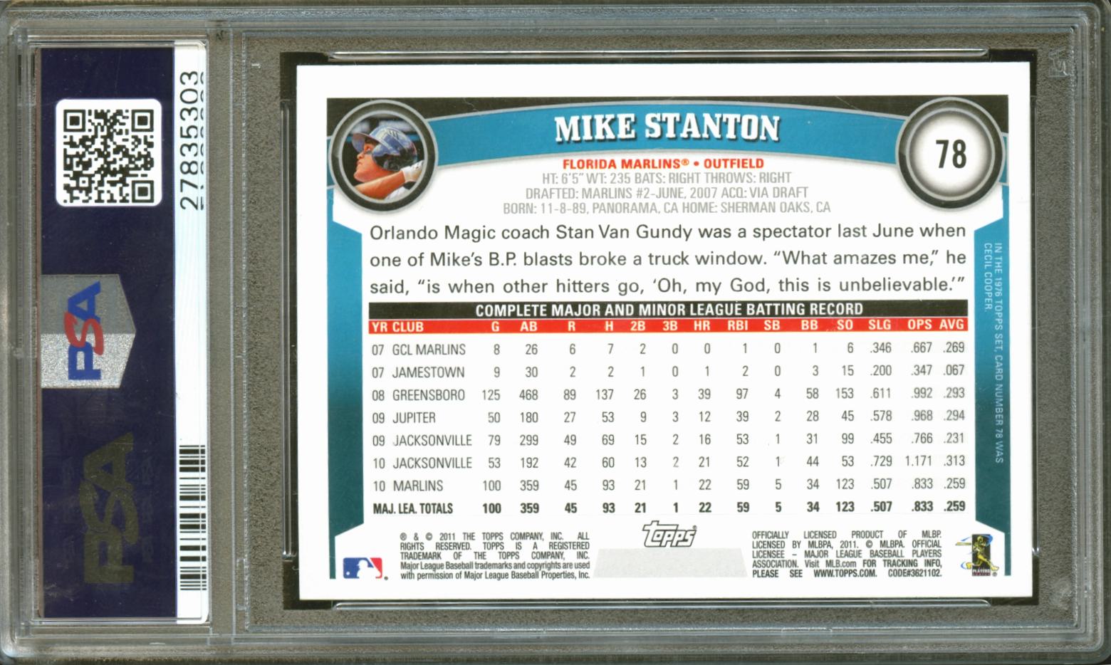 Mike Stanton 2011 Topps Diamond Anniversary Florida Marlins #78 PSA 9