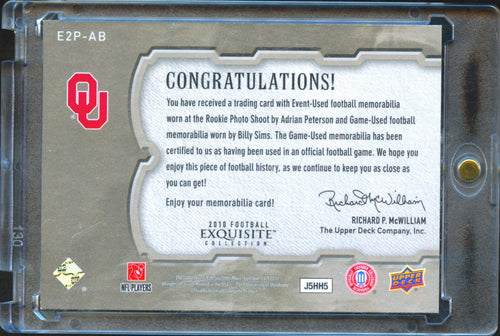 Adrian Peterson / Billy Sims 2010 UD Exquisite Game Used Patch 8/50 Sooners
