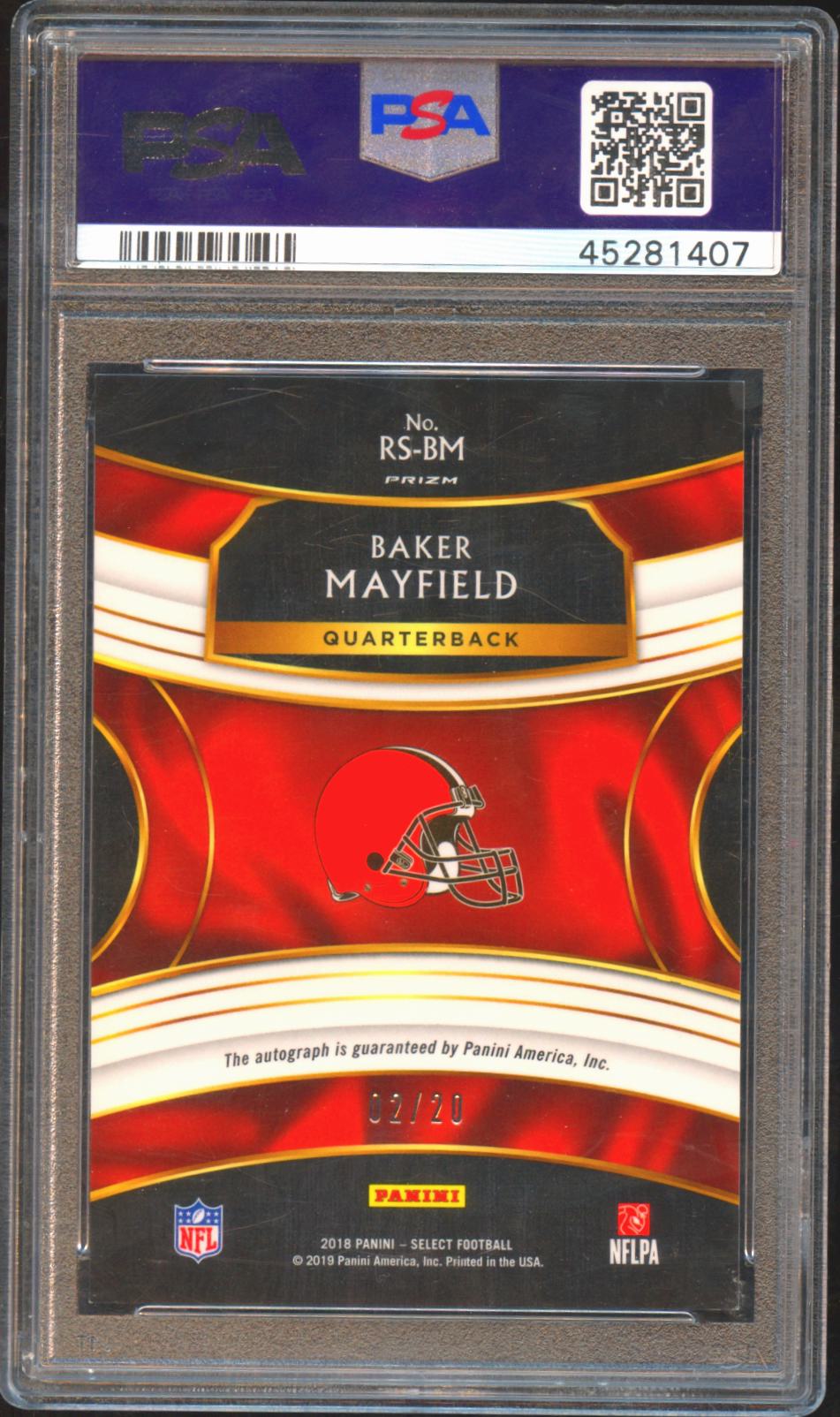 Baker Mayfield 2018 Select Auto Autograph Marron RC Cleveland Browns 2/20 PSA 9