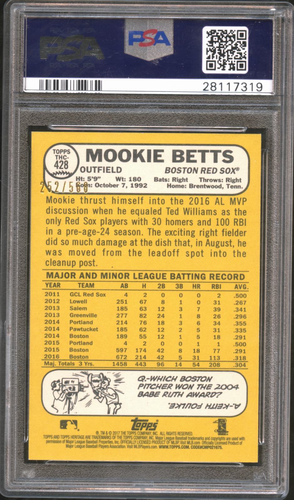 Mookie Betts 2017 Topps Heritage Chrome Refractor Boston Red Sox 252/568 PSA 9