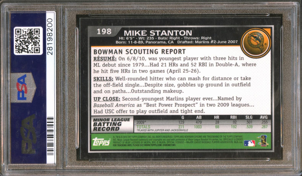 Mike Stanton 2010 Bowman Chrome Rookie RC Florida Marlins #198 PSA 9