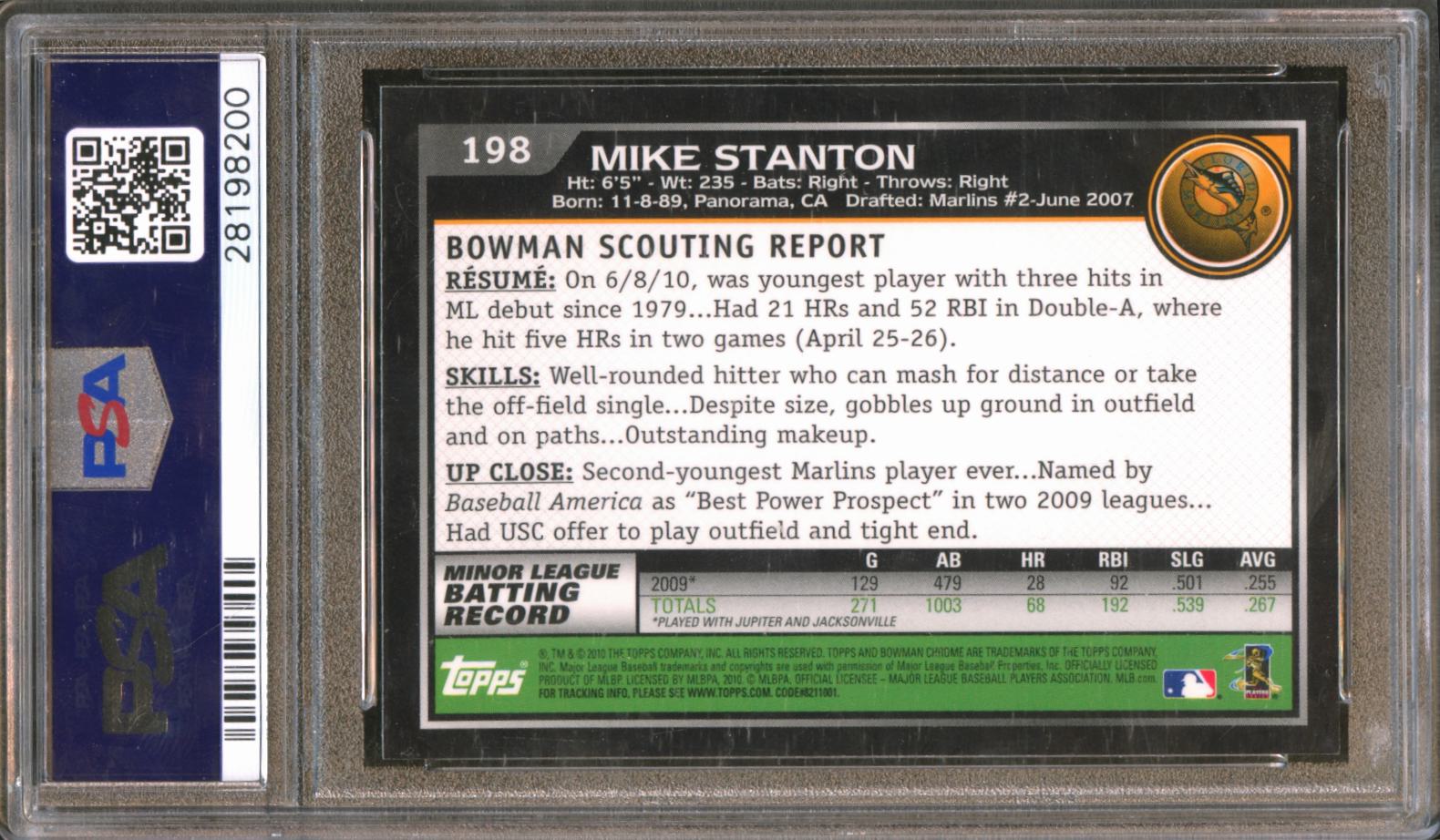 Mike Stanton 2010 Bowman Chrome Rookie RC Florida Marlins #198 PSA 9