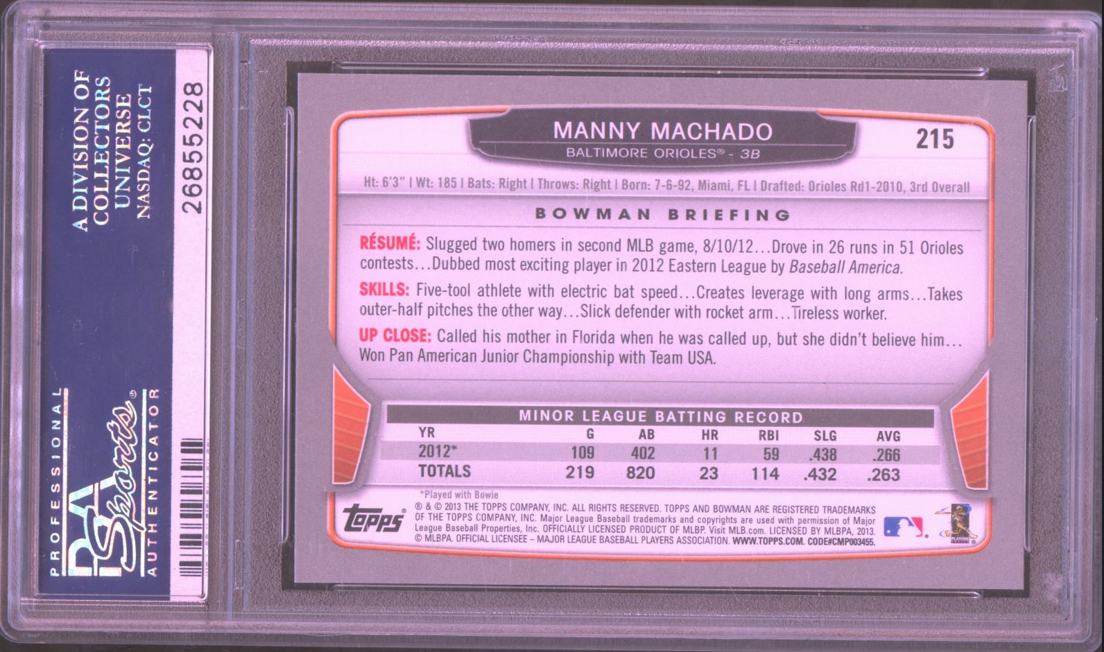 Manny Machado 2013 Bowman GOLD Rookie RC Baltimore Orioles #215 PSA 9