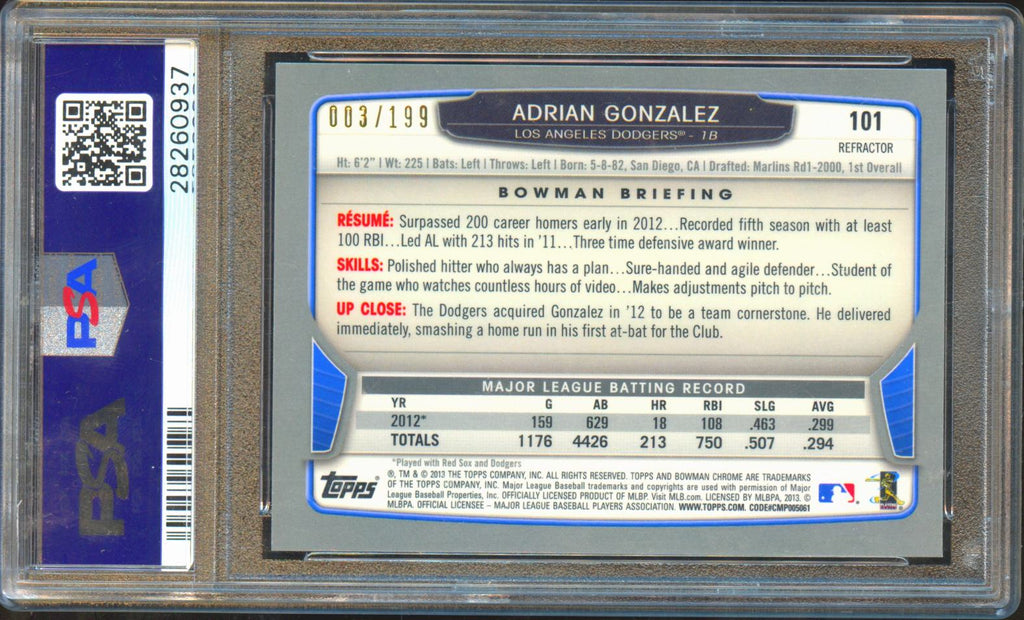 Adrian Gonzalez 2013 Bowman Chrome Purple Refractor 3/199 PSA 10