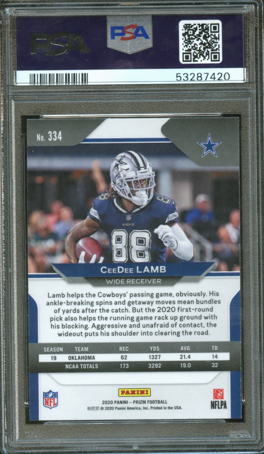 Ceedee Lamb 2020 Panini Prizm Rookie Card RC Dallas Cowboys #334 PSA 10