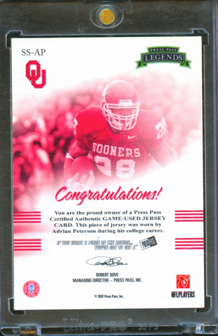 Adrian Peterson 2007 Press Pass Game Worn Jersey Patch 12/50 Oklahoma Sooners