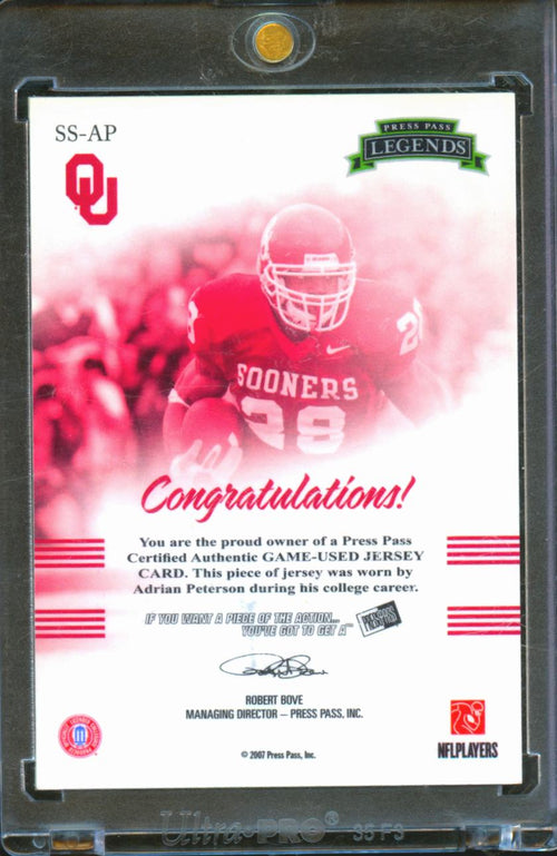 Adrian Peterson 2007 Press Pass Game Worn Jersey Patch 12/50 Oklahoma Sooners