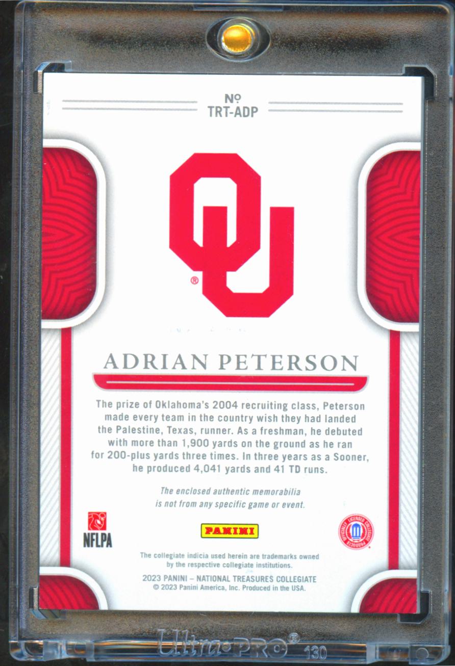 Adrian Peterson 2023 National Treasures 2 Color Jersey 9/10 Oklahoma Sooners