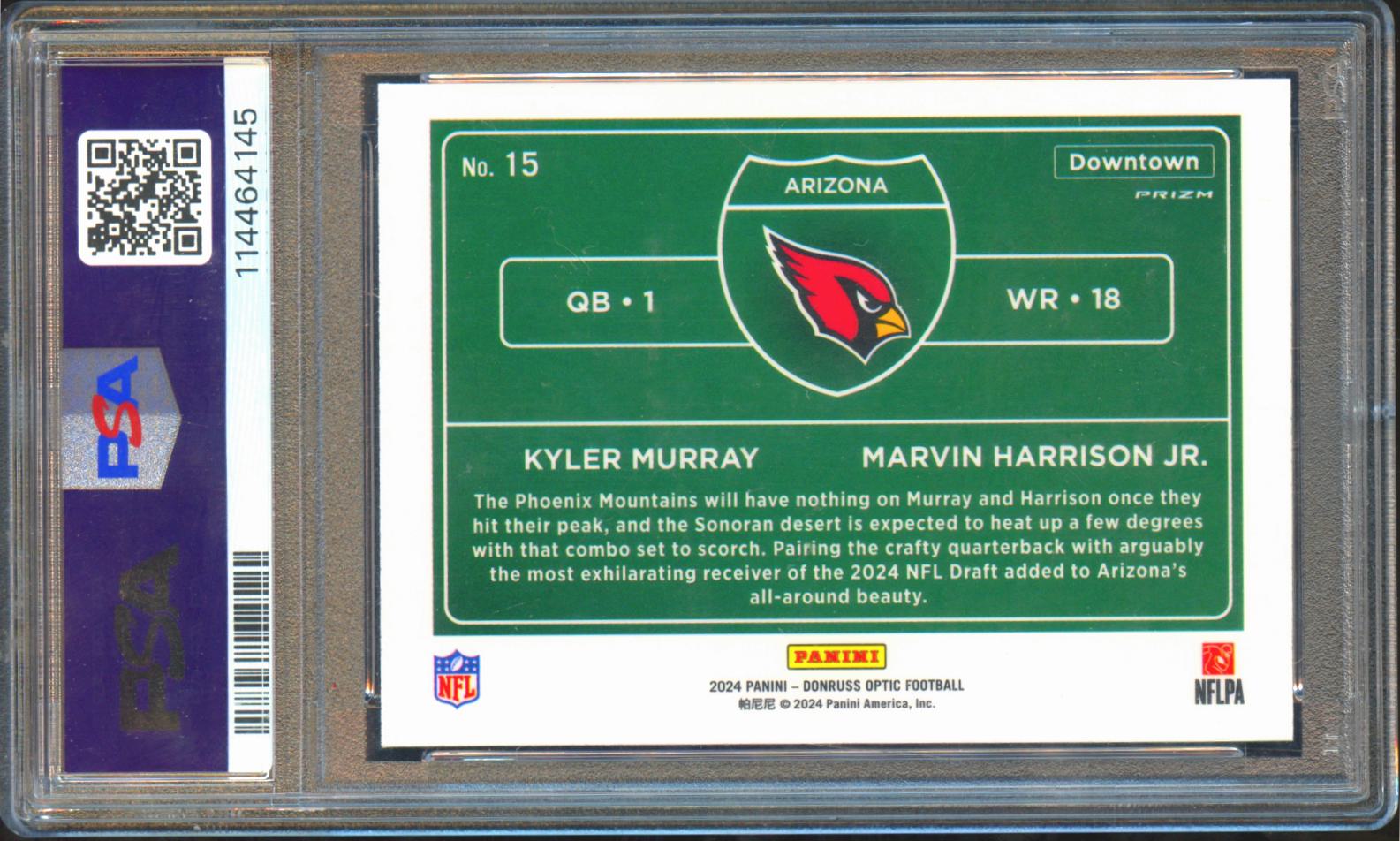 Kyler Murray / Marvin Harrison Jr. 2024 Optic DOWNTOWN RC Cardinals PSA 9
