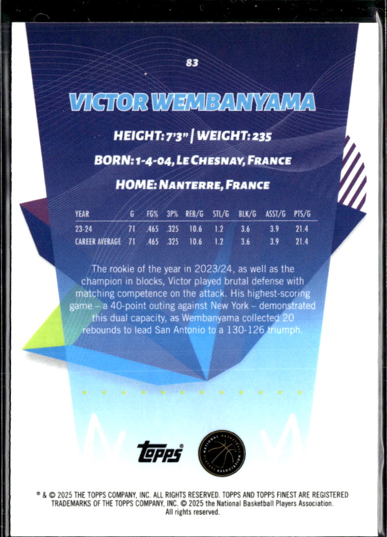 Victor Wembanyama 2025 Topps Finest Purple Refractor 114/200 San Antonio Spurs
