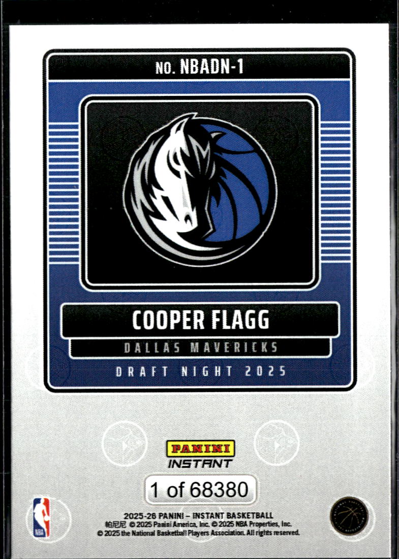 Cooper Flagg 2025 Panini Instant RC Rookie /68380 Dallas Mavericks