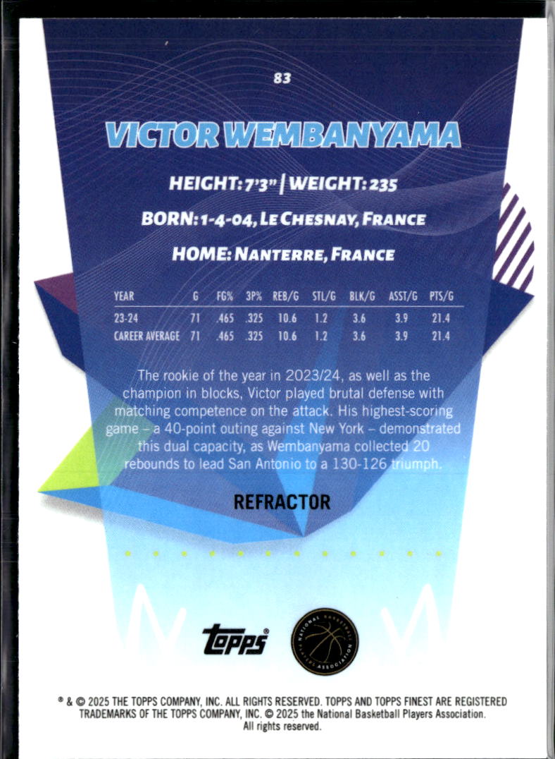 Victor Wembanyama 2025 Topps Finest Refractor San Antonio Spurs