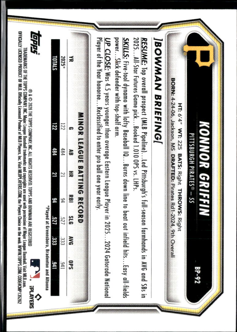 Konnor Griffin 2026 Bowman Purple 32/250 Pittsburgh Pirates