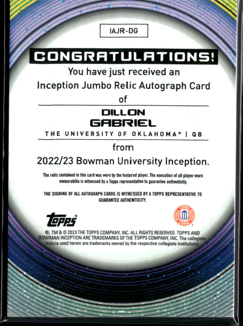 Dillon Gabriel 2023 Bowman Inception Auto Autograph Patch /199 Oklahoma Sooners