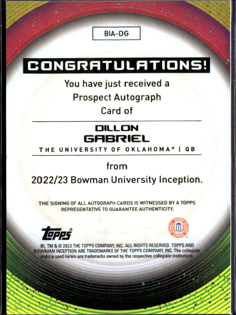 Dillon Gabriel 2023 Bowman Inception Auto Autograph RC 81/99 Oklahoma Sooners